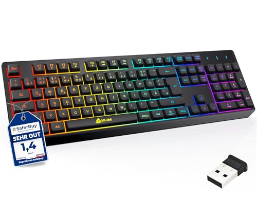 KLIM Chroma Wireless Gaming Tastatur Kabellos QWERTZ DE – RGB Beleuchtet, Leise & Ergonomisch, Langlebig & Wasserdicht – Für PC, Mac, PS4, PS5 – Schwarz