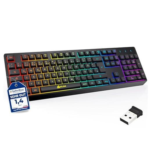 KLIM Chroma Wireless Gaming Tastatur Kabellos QWERTZ DEUTSCH + Langlebig, Ergonomisch, Wasserdicht, Leise + RGB Kabellose Tastatur Gaming für PC PS4 Mac + Neue 2020 Version + Schwarz