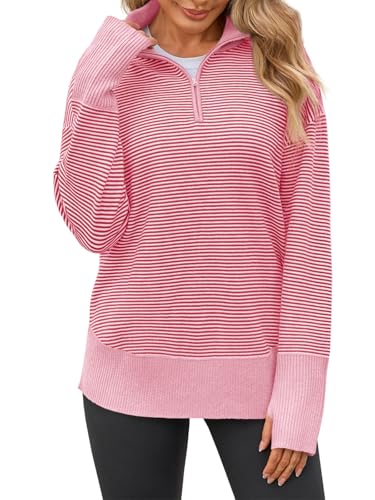 Saodimallsu Womens Quarter Zip Sweaters Striped Color Block Knit Sweatshirt Casual Trendy Pullover Tops with Thumb Hole