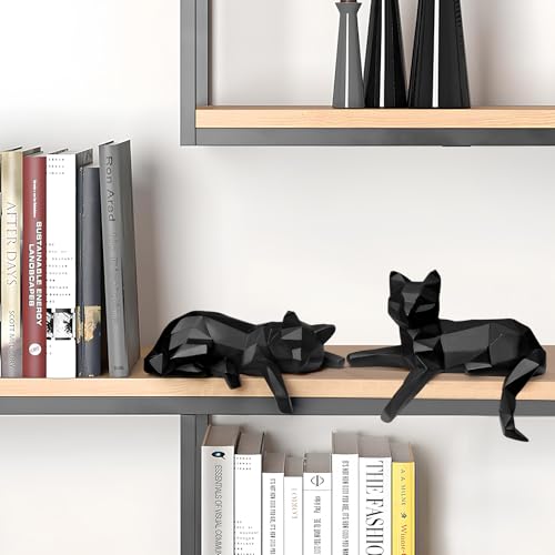 Bookshelf Decor Cat Statue, Modern Geometric Cat Figurines for Living Room Office Shelves Coffee Table Desk Decor – Set of 2 Minimalist Animal Statues (Black) - Image 5
