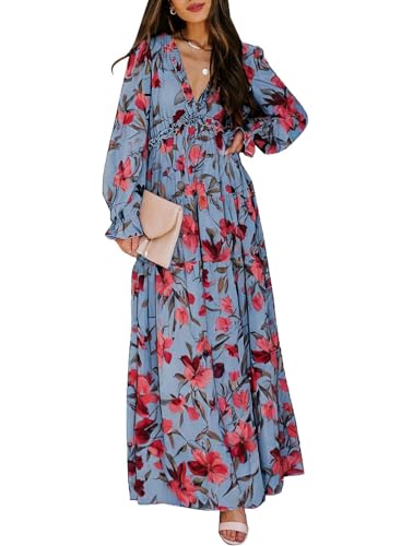 Image of BLENCOT Womens Casual Boho Floral Printed V Neck Long Sleeve Long Maxi Dress Spring Summer Dresses