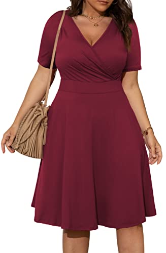 Image of POSESHE Womens Plus Size Dresses Summer Short Sleeve Wrap V-Neck Sundress Casual Wedding Guest Cocktail Dress with Pockets