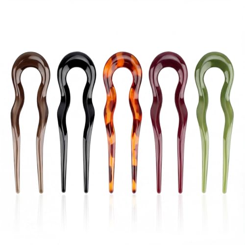 5 Pcs French Hair Pins for Women U Shaped French Twist Hair PinsHair Forks 2 Prong Twist Hairpins for Buns Chignon Clip Sticks Women Girls Classic Variety Hairstyle(5 Colors)