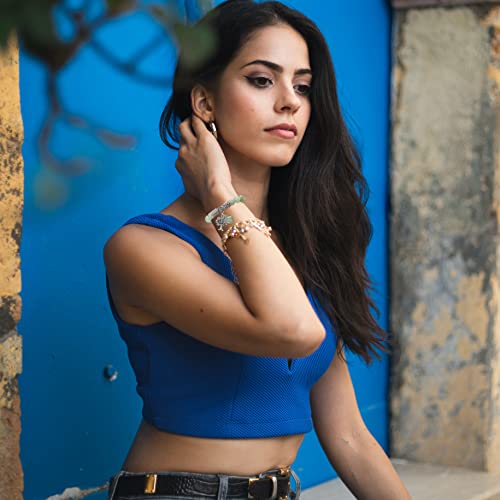 Top Plaza Stretch Rose Quartz Life Tree Lucky Stone Bracelet Reiki Healing Crystal Gemstone Dangle Charms Pendant Birthstone Bracelet(6.2")2