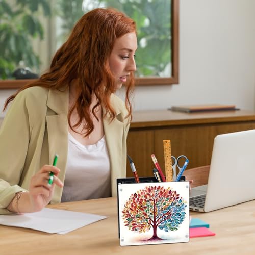 Image of DIY 5D Acrylic Diamond Painting Pen Holder - Tree of Life Pencil Organizer for Nature & Earthy Decor, Decorative Office Supplies Storage for Home, School, Gift