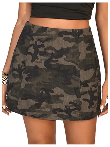 Floerns Women's Casual Split Hem High Waist Denim Skorts Skirt Shorts Army Green Camo Large