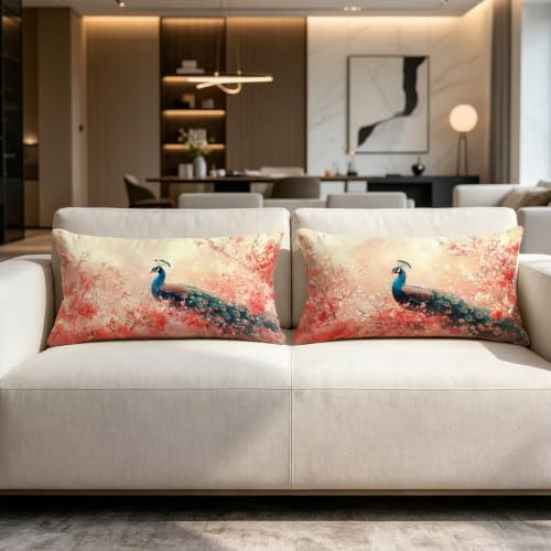 Housse coussin paon decoratif 50x80 rose avec impression recto verso - 5