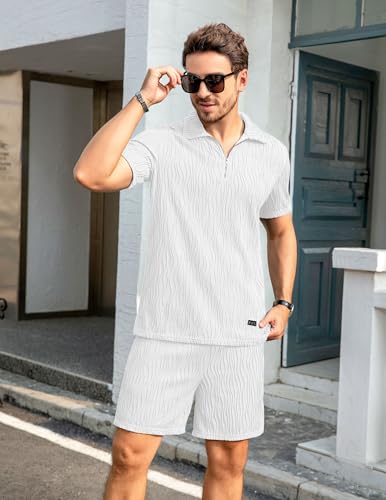 Image of ZAFUL Men's 2 Pieces Sets Outfits Summer Beach Set Short Sleeve Button Down Zip Up Shirt And Short Sets