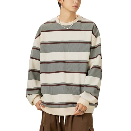POHADON Y2k Herren-Pullover, gestreift, Vintage, ästhetisch, Opa, Strickpullover, Tops, langärmelig, Rundhalsausschnitt, Grunge-Kleidung, Ein Hellgrau, M