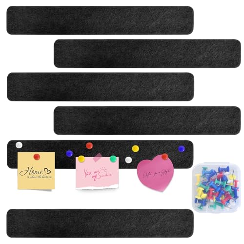 6 PCS Felt Pin Board Strips, Felt Board Tiles Self Adhesive, Memo Board for Wall Black, Felt Bulletin Board with 30 Push Pins, Pin Boards for Home Offices Classroom Kitchen