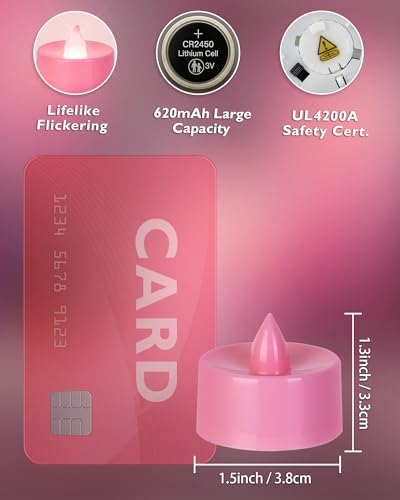 Image of Homemory 24-Pack Pink Remote Flameless Battery Tea Light Candles, 400+ Hrs | 2 /4 /6 /8H Timer LED Flickering Tealight Votives for Valentine's Day, Cozy Ambiance, Wedding, Birthdays and Baby Showers