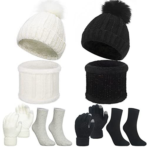 Set de 8 Pcs Bonnets à Pompons Écharpe Cache-Cou en Tricot GantsTricotés Chaussettes (Noir, Blanc, Blanc Crème, Gris) Cover