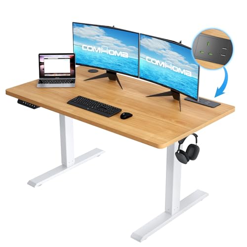 COMHOMA Electric Standing Desk with Power Outlets Height Adjustable Stand up Computer Office Desk with Hooks PC Workstation Table for Bedroom Wood 100x60 cm