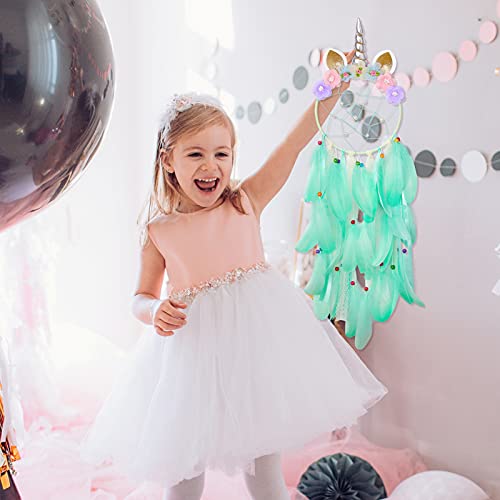 Beinou Unicorn Dream Catcher Colorful Feather Dream Catchers Handmade Flowers Dream Catchers Wall Hanging Dream Catcher for Girls Kids Nursery Bedroom Decoration Blessing Gift (Aqua)