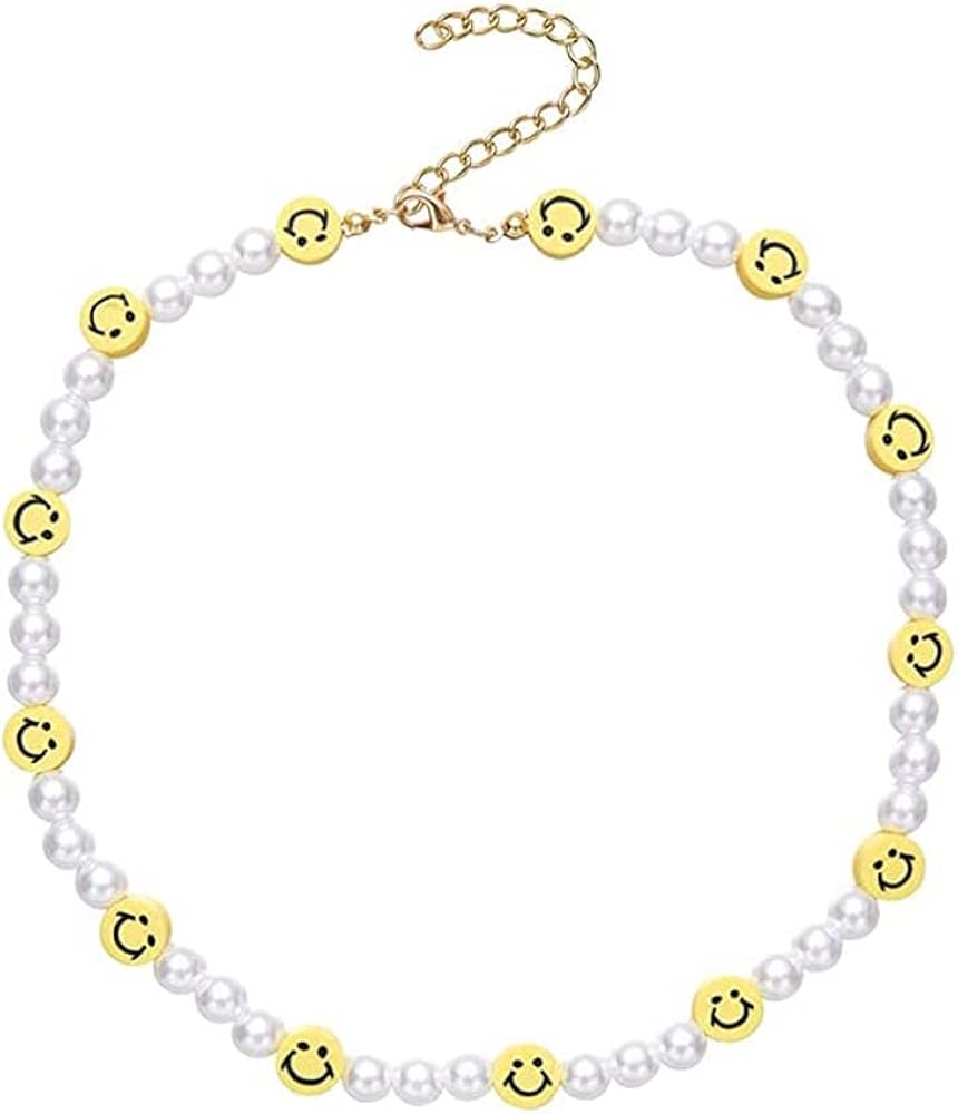 Smiley Face Pearl Choker Necklace Cute Flower Pearl Y2K Necklace for Teen Girls Women Girls Jewelry Ages 8-12