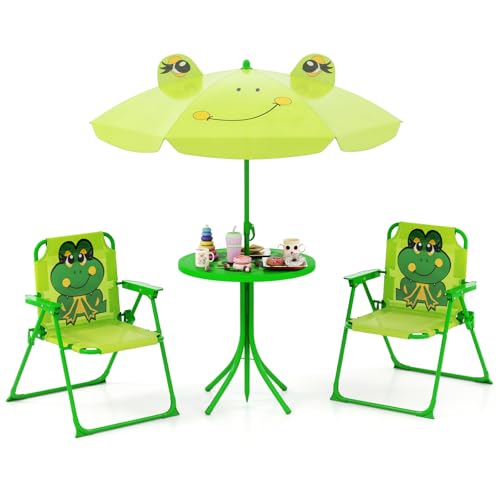 Costzon Kids Picnic Table, Kids Outdoor Table with 2 Folding Chairs, Height Adjustable Umbrella, Portable Children Outdoor Furniture for Patio, Garden, Backyard (Light Green)