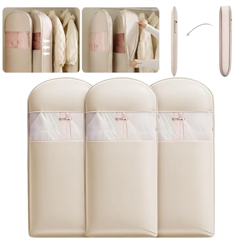 DAWNTREES 3PCS Space Saving Hanging Garment Bag with Self Compression Zipper, Compression Space Saver Closet Storage Organizers, Dust Cover Clothes Bags for Down Coat (Beige, 110 * 58cm 3PCS)