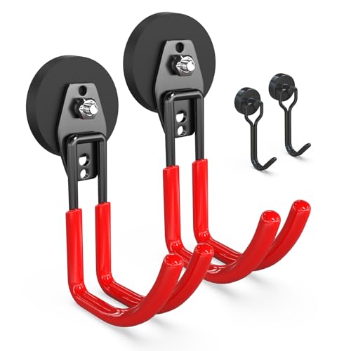 3-H Heavy Duty Magnet Garage Hooks 2 Pack, J Shape Strong Magnetic Hooks for Hanging Cordless Power Drill, Utility Magnetic Tool Holder for Metal Cabinet, Steel Pegboard, Toolbox, Garage(Red)