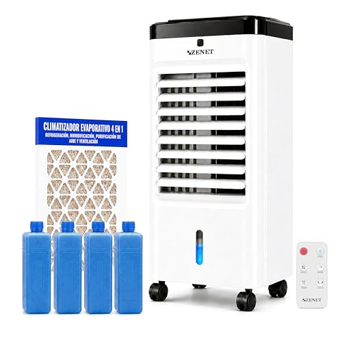 ZENET ZET-483 Aire Acondicionado Portátil & Climatizador Evaporativo: Ventilador con Agua, Enfriador de Aire 4 en 1, Silencioso, 3,5L, 65W, Mando – Ideal para Habitación y Oficina Sin Instalación