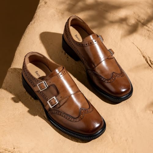 Image of BEAU TODAY Women Monk Strap Loafers Cap Toe Business Causal Loafer Shoes