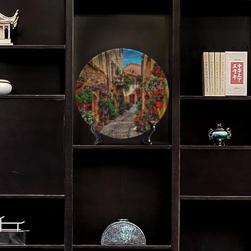 Landscape Theme Ceramic Decorative Plates, Flowery Country Streets Round Decorative Plate, with Decorative Bracket, for Living Room Bedroom Kitchen or Office Wall Hanging, 10 inch - Image 6