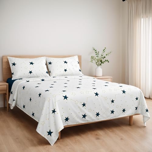 Etrexonline Juego de Sábanas 3 Piezas para Cama de 90 cm - Microfibra Suave y Transpirable, Incluye 1 Bajera Ajustable, 1 Encimera y 1 Funda de Almohada - Color Estrella Nuevo