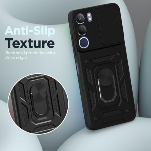 Image of Pikkme Back Cover for Vivo Y29 5G / Vivo Y19s | Sliding Camera Shield with Ring Stand | D10 Full Camera Protection Bumper Case (Black)