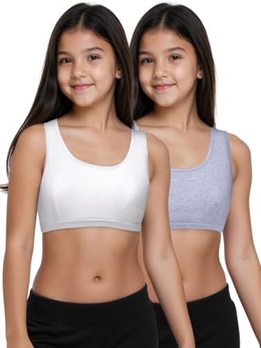 Image of DChica Essentials Sports Bra for Girls (Pack of 2) Cotton Non-Padded Full Coverage Beginners Non-Wired T-Shirt Gym Yoga Workout Bra with Regular Broad Strap, Training Bra for Teenagers