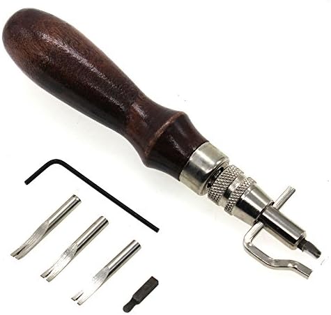 AMTION Multi-Function Excavated 7- in-1 Adjustable Swappable Bits for Creasing Edge Beveler Leathercraft Precision Tools Set Sewing Crease Leather with Durable Wood Handle