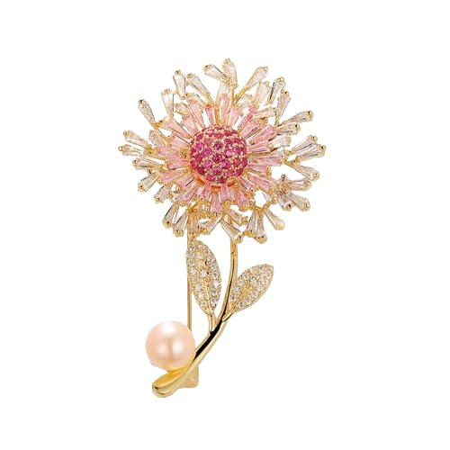 14K Gold Moissanite Embellished Luxurious Freshwater Pearl Dandelion Brooch, High-end Fashion Accessory, An Opulent Blessing for Her (pink)