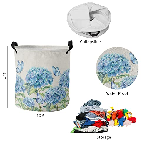 Collapsible Laundry Basket - 16.5 X 17 In Floral Storage Bin Laundry Hamper With Handles, Blue Hydrangea Flower Spring Plant Butterfly Burlap Waterproof Clothes Baskets For Bedroom/Kids Room #TOP4
