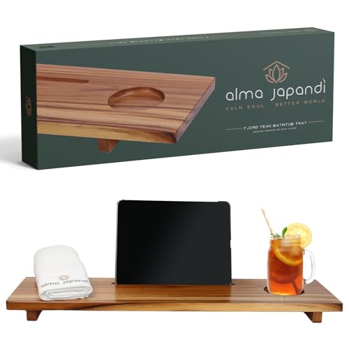 Alma Japandi - Bandeja de bañera de teca Fjord – Paquete de toallas y caja de regalo – Bandeja de baño de madera minimalista sostenible para bañera – Se adapta a bañeras estándar – Soporte de