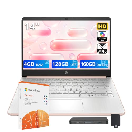 Image of HP Flagship 14 inch HD Student&Business Laptop, 13th Gen Intel 4-Core, 4GB RAM, 288GB Storage (128GB UFS + 160GB Docking Station), 1 Year Office 365, AI Copilot, Wi-Fi 6, Win 11 S, Pale Rose Gold
