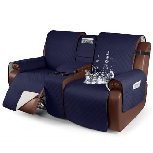 Image of KinCam 100% Waterproof Recliner Loveseat Cover with Console, Non-Slip Reclining Couch Covers for 2 Seat, Recliner Sofa Cover Furniture Protector with Elastic Straps for Kids, Pets, Dark Blue