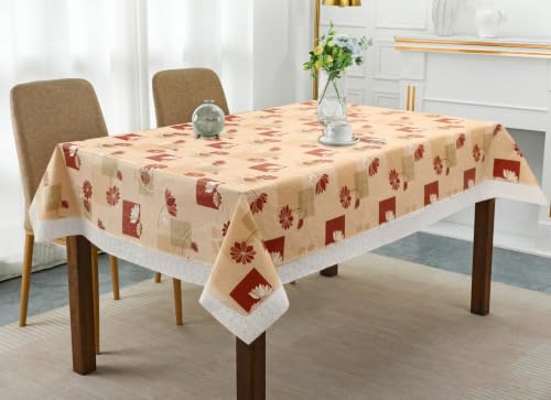 Image of Dakshya Industries 6 Seater PVC Waterproof Dining Table Cover 60x90 Inch | Floral Printed Washable Table Cloth with Lace Border