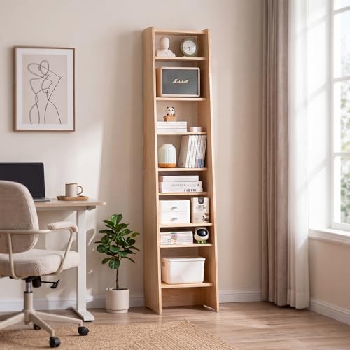 Baveke Tall Narrow Bookshelf 8-Tier Bookcase,71 Inches CD DVD Slim Storage Cabinet with Adjustable Shelves, 100% Solid Wood Display Bookshelf for Home Office, Natural
