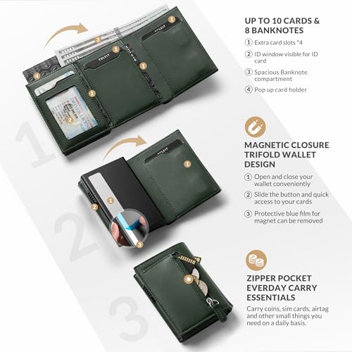 Image of VULKIT Card Holder Wallet with Coin Pocket Magnetic Closure Pop Up Cards With ID Window Leather Wallet for Cash & Credit Cards, Nappa Olive, 4 x 1 x 2.7 inches, Minimalist | with Coin Pocket