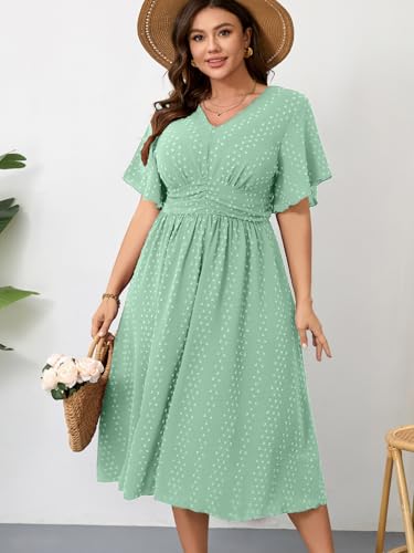 Image of RWJ Women's Plus Size Maxi Dress V Neck Short Sleeve Swiss Dot A Line High Waist Boho Swing Casual Summer Dresses