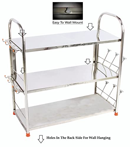 Image of AMOL Premium Stainless Steel 3 Layer Kitchen Shelf Rack | Rust-Proof Wall Mount Utensil Organizer with Glass & Spoon Holder