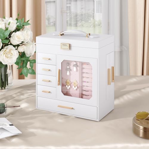 HOOBRO Jewelry Box with Mirror, Jewelry Organizer Box with Capacious Storage Space, Jewelry Holder Organizer, Hand-Held Jewelry Case, Vertical Storage, Modern Style, White and Light Gold WT06JB04G1 by HOOBRO - Used condition - Image 3