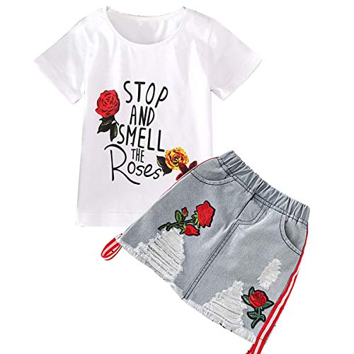 Conjunto de ropa de verano Tianhaik para niña con rosas bordadas. Camiseta...