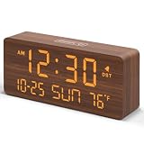 DreamSky Wooden Digital Alarm Clocks for Bedrooms - Living Room Desk Clock with Date and Day of Week, Temperature, USB Port, Dimmer Wheel, Adjustable Volume, Auto DST, Wood Decor for Office Table