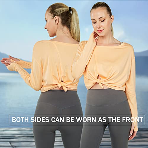 Gramval Women's Workout Cropped Long Sleeve T Shirts, Running Crew Neck Shirt With Thumb Hole Dri Fit Orange Xl #TOP3