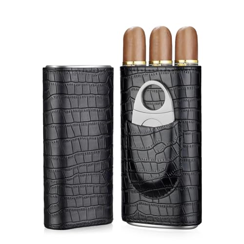 cgaplus 3-Finger Cigar Case with Cutter Crocodile Pattern Leather Cigar Humidor Case Portable Travel Case for Men(Black)