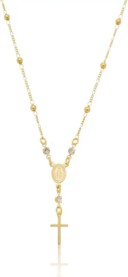 Colar Terço Rosário com Cruz Semi Joia Banhado Ouro 18k - Religioso Católico - Corrente 45cm - Antialérgico - Presente Feminino - Stella Semi Joias