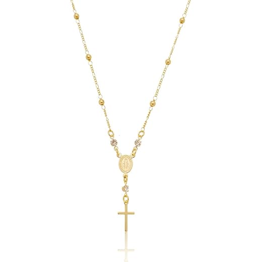 Colar Terço Rosário com Cruz Semi Joia Banhado Ouro 18k - Religioso Católico - Corrente 45cm - Antialérgico - Presente Feminino - Stella Semi Joias