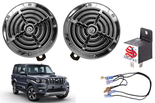 Image of Set of 2 Car 125mm Classic Look Sonic Horns, compatible with Mahindra Scorpio Classic (Pack of 2 Horn with Relay and Wire) 100DB
