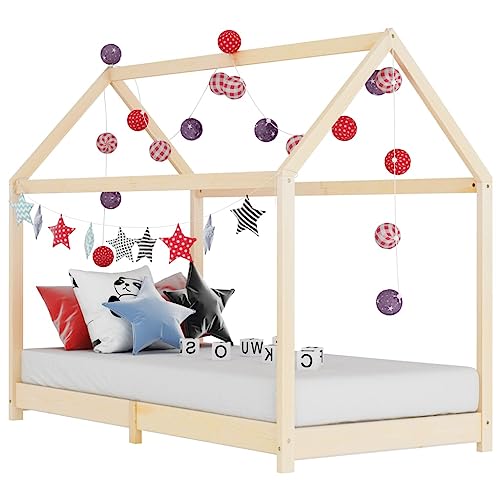 puraday Kinder-Bettgestell Massivholz Kiefer Hausbett 90x200 cm Bett Kinder Holzbett Hausbett Deko Toddler Bed für Kinder Baumhaus Design Kann Vorhänge Hängen Elegant und Praktisch