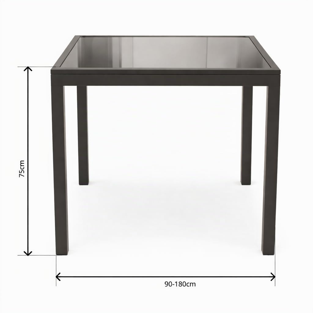 Acomoda Textil - Mesa Extensible 90-180 cm de Cristal y Estructura de Aluminio Resistente, Altura 75 cm y Diseño Moderno para Comedor, Jardín, Terraza o Patio. Mesa Funcional y Estable Uso Exterior