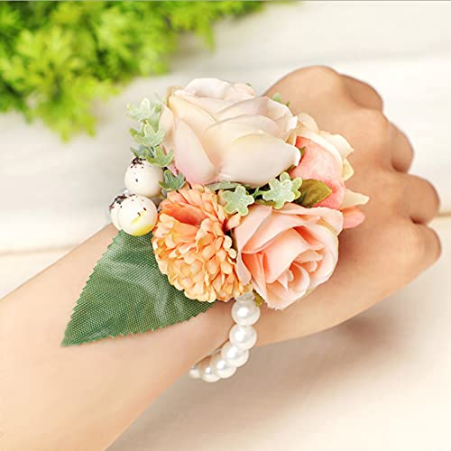 Set of 2 Bridesmaid Wrist Corsage Wristlet Band Bracelet, Bridal Wrist Flower, Bracelet Wristband for Women Bride Bridesmaid Wedding Prom(Orange) - Image 2